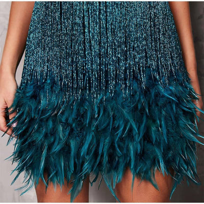 Sequins Tassel Feather Spaghetti Strap Dress Women Fashion Sexy Stitching Mini Dress Evening Party Club Elegant Dress