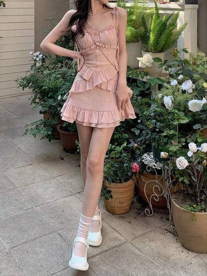 vmtvr - 2023 Summer Pink Strap Dress Office Lady Casual Sleeveless Beach Style Y2k Mini Dress Even Party Outwear One Piece Dress Korean