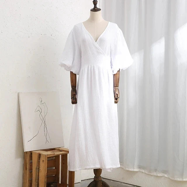 vmtvr  -  Causal 100% Cotton Women's Dress Vintage Crepe Gauze V-Neck Puff Sleeve Bandage Lace Up Elegant White Dresses Long Maxi Robe