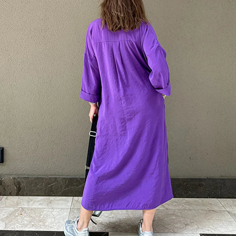 vmtvr  -  Spring Casual Solid Lazy Long Shirt Dress Women Single Breasted Split A-Line Party Dress New Autumn Long Sleeve Lady Party Dress