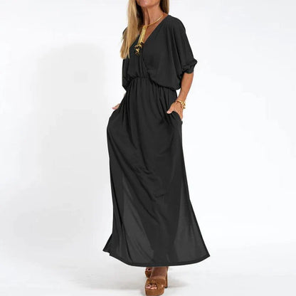 vmtvr Spring Summer Lady Casual Long Dress Sexy V-neck Side Split Solid Party Dress Elegant Half Sleeve Elastic Waist Pleat Maxi Dress