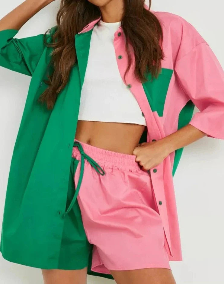 vmtvr Fashion Cotton Women Two Piece Short Sets Summer Spliced Green Pink Oversized Shirt + Shorts 2 Pieces Suit Set