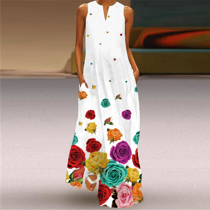 vmtvr - 3D Floral Printed Women Dress Summer Vintage V-neck Sleeveless Loose Maxi Dress Elegant Casual Ladies Party Dresses Vestidos