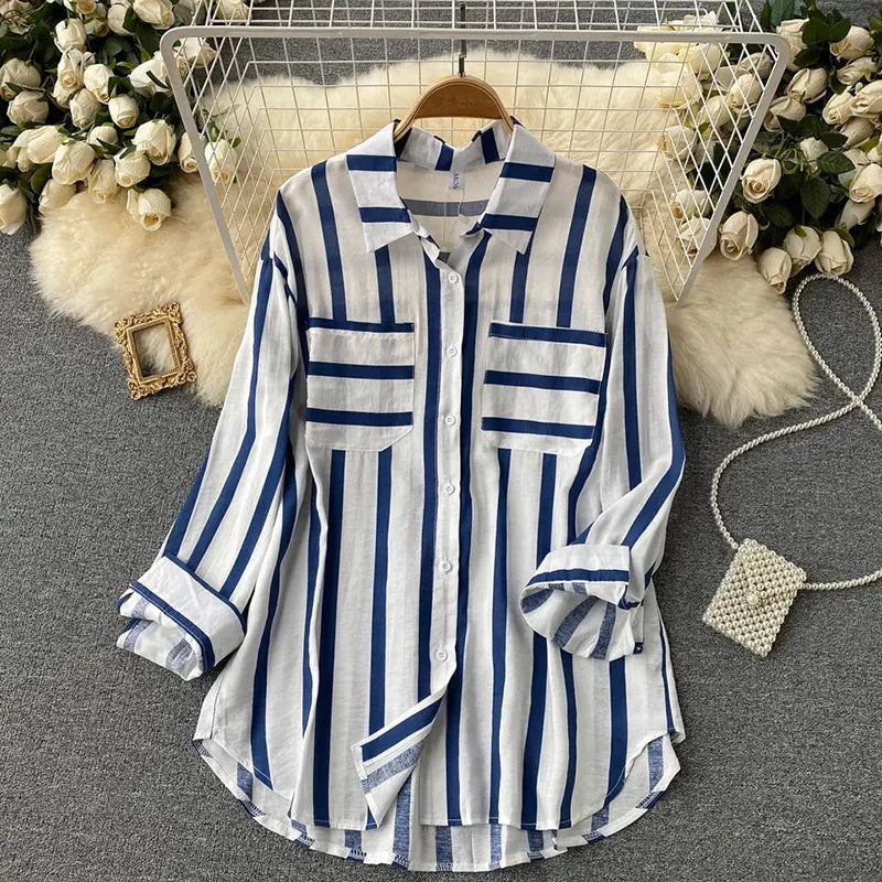 vmtvr Summer Women Striped Shirt Fashion Streetwear Female Patchwork Sun Protection Shirts Oversize 5Xl Korean Casual Loose Tops