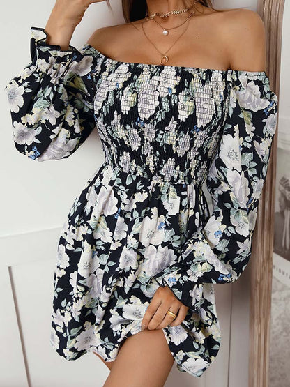 Retro Floral Dress Women Elegant Mini Dress Female Square Neck Long Sleeve Dresses Ladies Elastic Print Dress Spring Summer