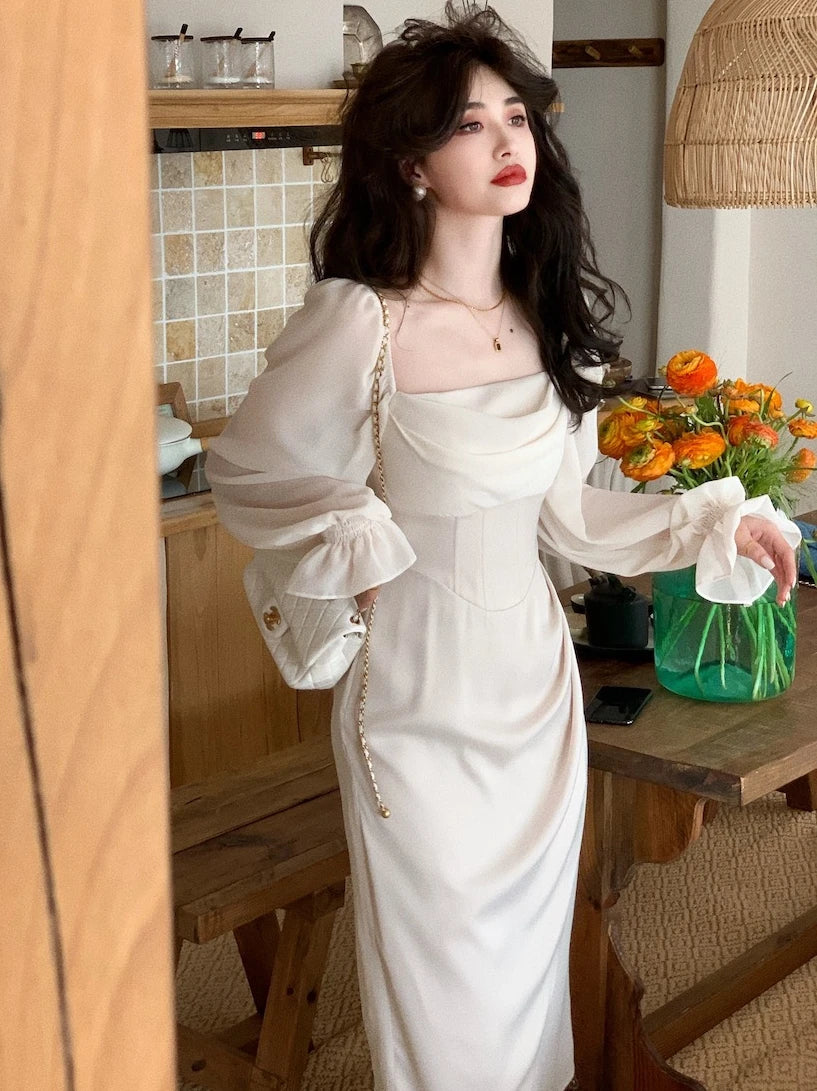 vmtvr  -  Vintage Wedding Party Midi Dresses for Women Spring New Square Collar Long Sleeves Elegant Fashion Evening Prom Female Clothing