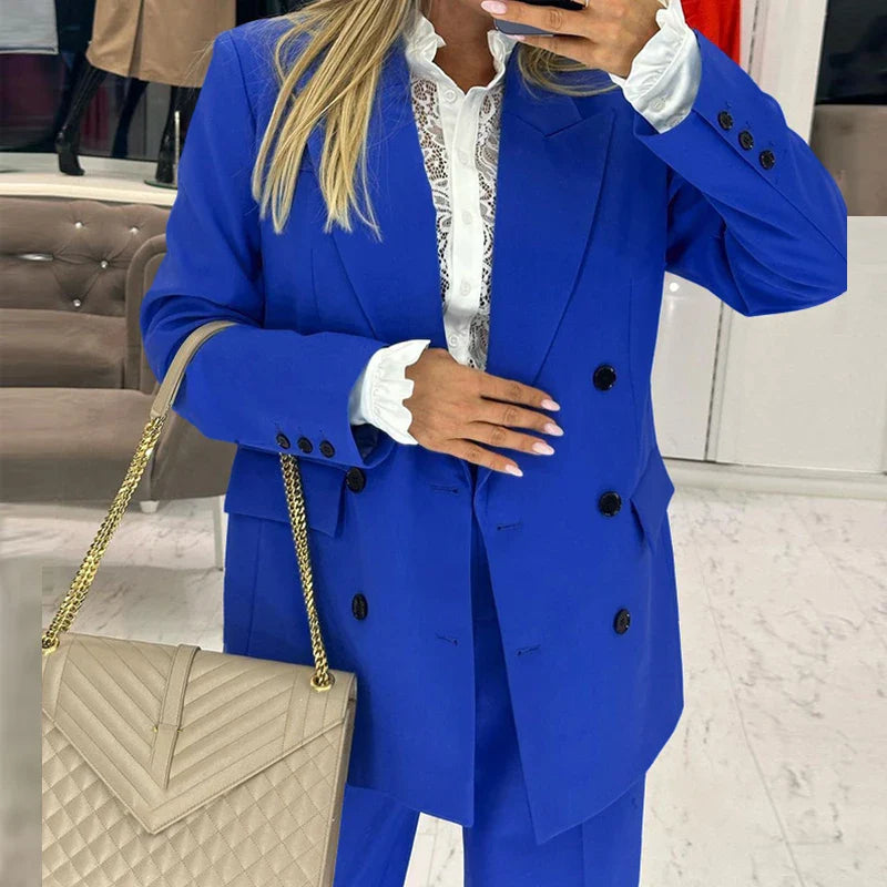 vmtvr Fall Winter Solid Women Blazer Suits Elegant Double Breasted Lapel Top & Long Pants Outfits Fashion Long Sleeve Office Lady Sets
