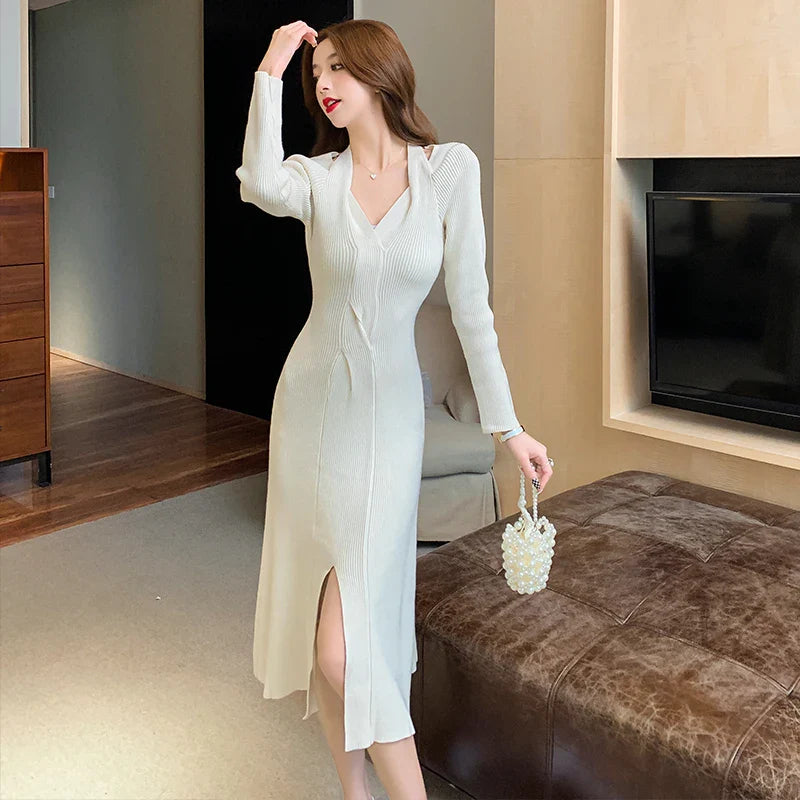 vmtvr Vintage Knitted Dress Autumn Winter Female V-Neck Party Night Pullover Sweater Dress Sexy Slim Split Long Dresses For Women