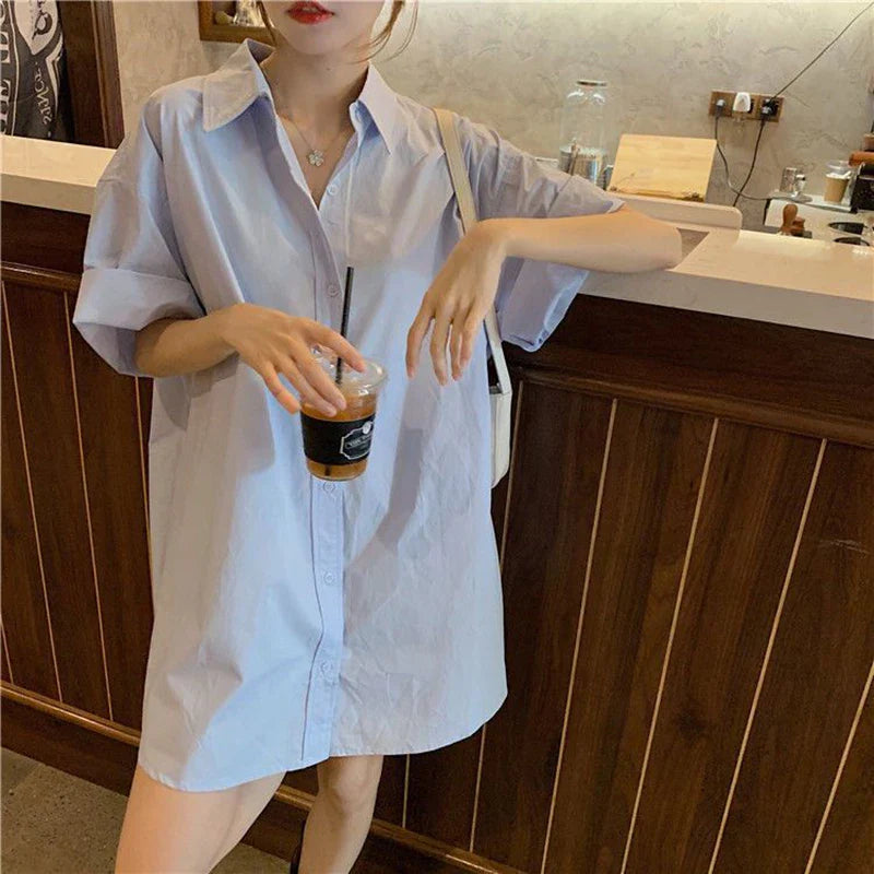 vmtvr Summer Vintage Women Shirts Korean Casual Loose Mid Length Shirts Y2K Female Bf All Match Short Sleeve Tops New