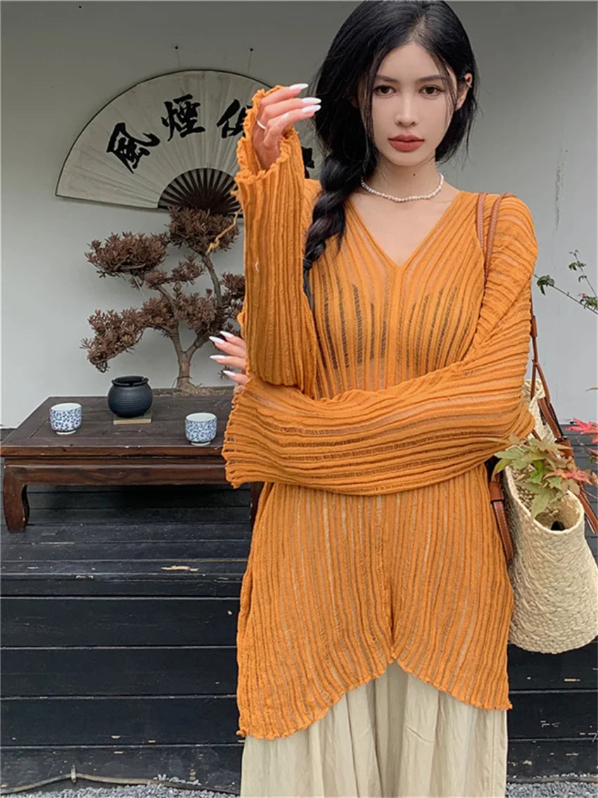 vmtvr Chic Thin Women Sweaters OL Knitted Sunscreen Loose V-Neck Casual Full Sleeve Summer Pullovers All Match