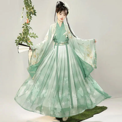 XL Chinese Hanfu Dress Women Carnival Cosplay Costume Ancient Traditional Hanfu Dress Green&Blue Print  Dance Dress Plus