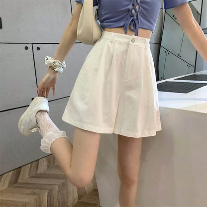 vmtvr Y2K Women High Waist White Shorts Korean Fashion Pleated Wide Leg Pants Summer Casual All Match Female Preppy Style Pants New