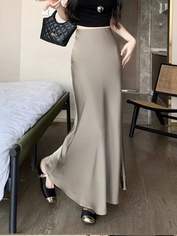 vmtvr Summer Satin Skirt 2024 Women's Long Skirt Silk High Waisted Slim Fashion Korean Solid Champagne Black Midi Skirts for Women