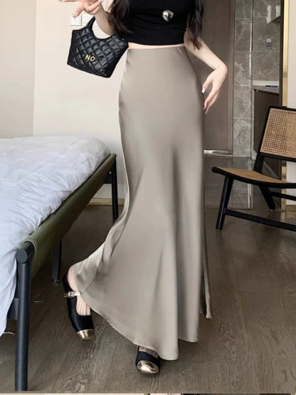 vmtvr Summer Satin Skirt 2024 Women's Long Skirt Silk High Waisted Slim Fashion Korean Solid Champagne Black Midi Skirts for Women