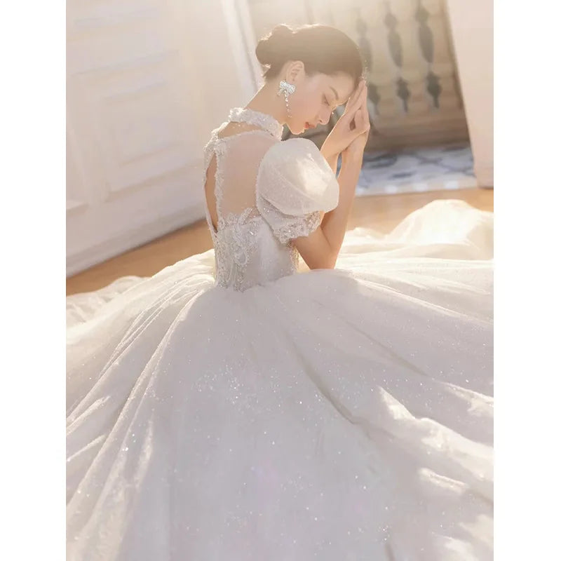 vmtvr  -  Bride dresses French Wedding Dress Princess Big Tail Lace Luxury Puff sleeve Shining sequin LAS407