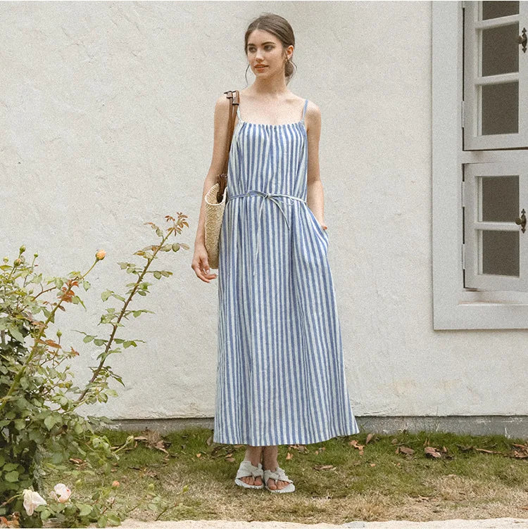 vmtvr  -  Striped Halterneck Cotton Linen Dresses Summer New Casual Beach Vacation Sleeveless Loose Women Long Dresses Maxi Boho Sundress