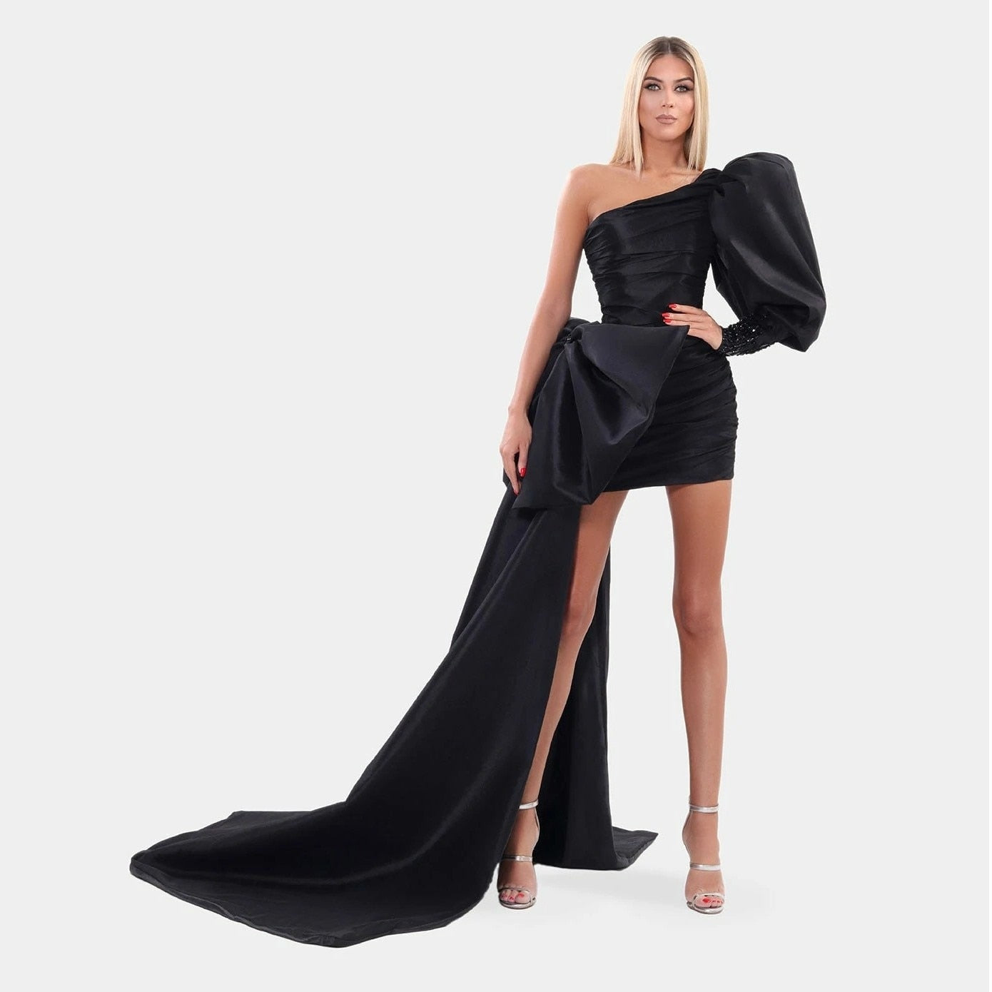 vmtvr High End Black Mini Sheath Evening Dresses With Ribbon One Shoulder Puff Sleeves Sexy Short Prom Gowns Beaded Formal Dress