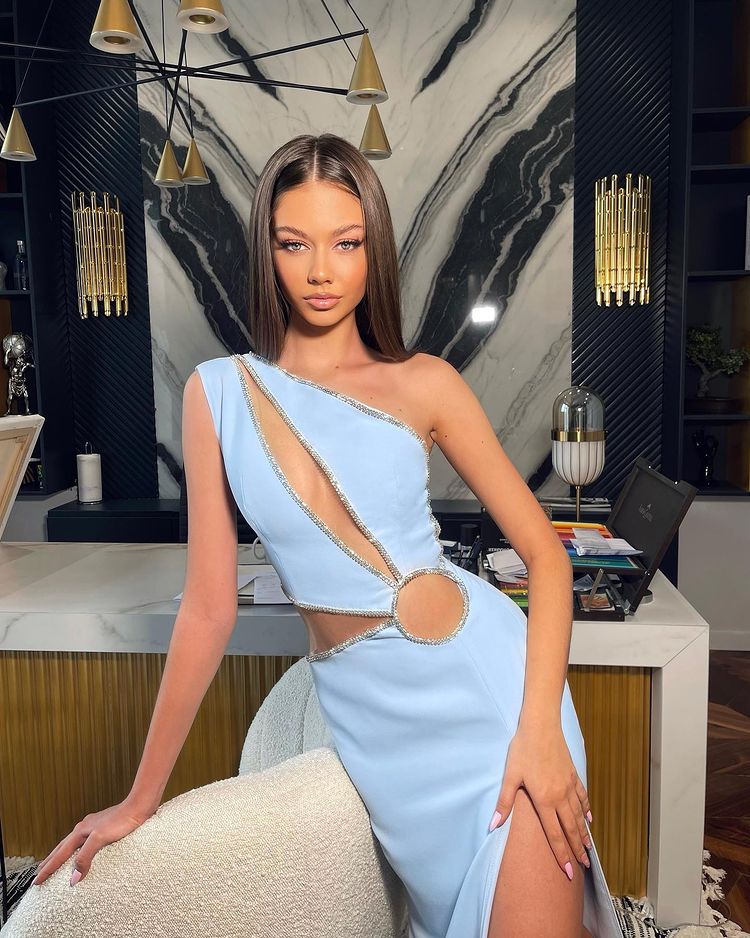 vmtvr - Diamonds Luxury Elegant One Shoulder Blue Dress Sexy Hollow Out Nightclub Bodycon Bandage Women Mini Dresses Summer