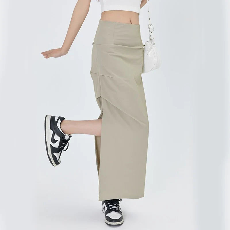 vmtvr High Waist Women Skirts Summer American Style Elegant Folds Ankle Length Skirts Female Casual All Match Split Skirts New