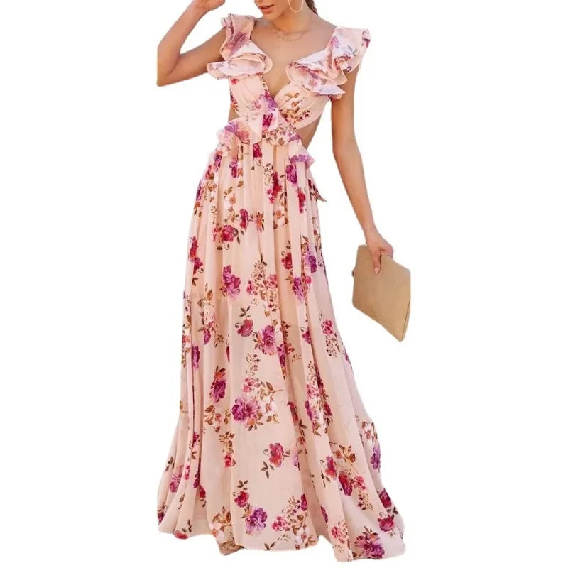 Shdowlass  -   Summer New Women's Flower Print off-the-Shoulder Stitching Backless Maxi Dress