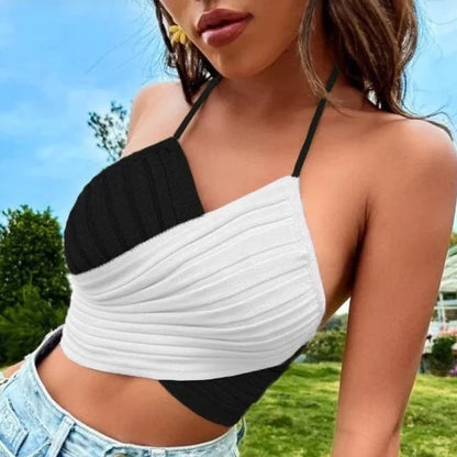 vmtvr Summer Women Sexy Cross Halter Knitting Camis New Fashion Female Clothing Black White Contrast Sweet Short Crop Top Tanks