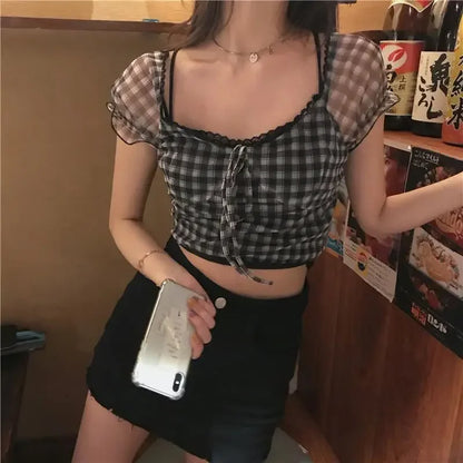 vmtvr 2024 Summer Plaid Tshirts Women Retro Sexy Shirt Casual Lace Tees Puff Sleeve 2000s Vintage Y2k Crop Tops Female Korean Fashion