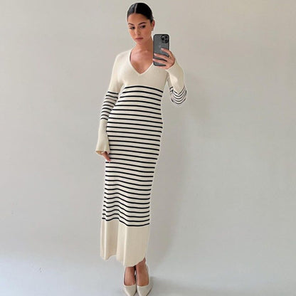 vmtvr - Black White Striped Knitted Maxi Dress for Women Elegant Long Sleeve Slim Sweater Dress Autumn Winter Causal Long Dress