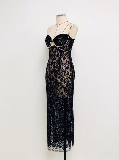 Sexy V Neck Diamonds Straps Lace Bodycon Long Dress Women Elegant Black Sleveless Cutout Designer Dress Party Club Evening Dress