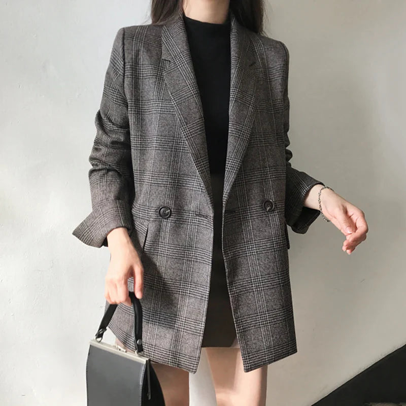 vmtvr Plaid Double Breasted Pockets Formal Jackets Checkered Winter Spring Women's Blazers Outerwear Tops