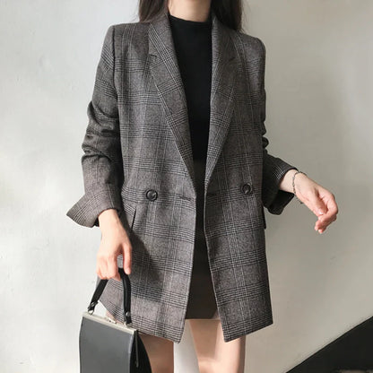 vmtvr Plaid Double Breasted Pockets Formal Jackets Checkered Winter Spring Women's Blazers Outerwear Tops