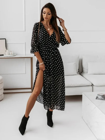 vmtvr  -  Chiffon Summer Dresses Women Elegant A-line Flower Office Spring Long Sleeve V-Neck Floral Maxi Dresses for Women Vestido