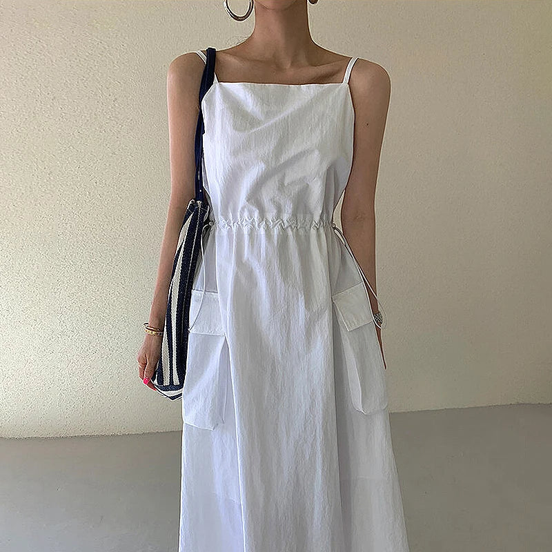 vmtvr  -  New Spaghetti Strap Long Dress Women Vintage Solid Drawstring Party Dress Summer Holiday Outfit