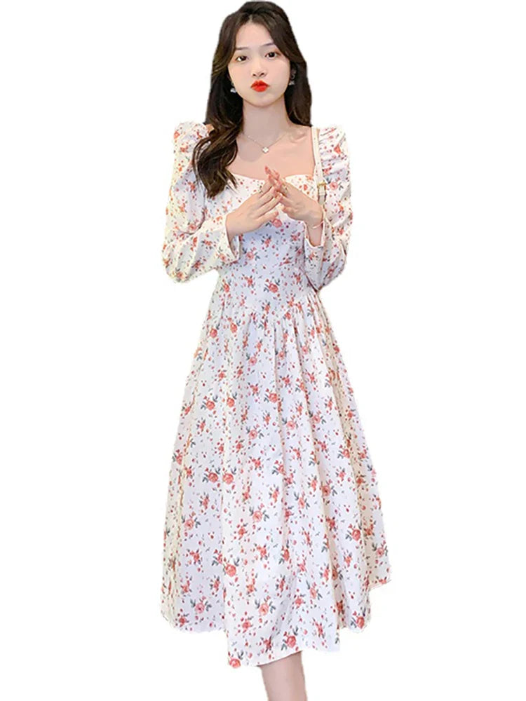 vmtvr 2024 Pink Floral Chiffon Square Collar Sexy Midi Dress Women Boho Fashion Light Casual Dress Autumn Korean Elegant Bodycon Dress