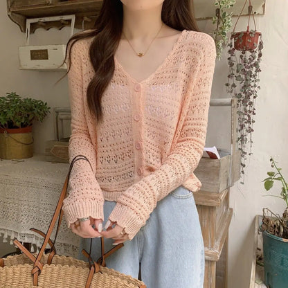 vmtvr Long Sleeve T Shirt Women's Summer Thin Section Hollow Ice Silk Knitted Cardigan Lace Button Korean Loose Top Striped Sexy Soft