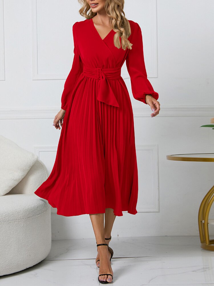 vmtvr - Dress for Women Solid Color V Neck Long Sleeve Slim-fitting Pleated Dress Spring Summer Temperament Elegant Evening Party Skirts