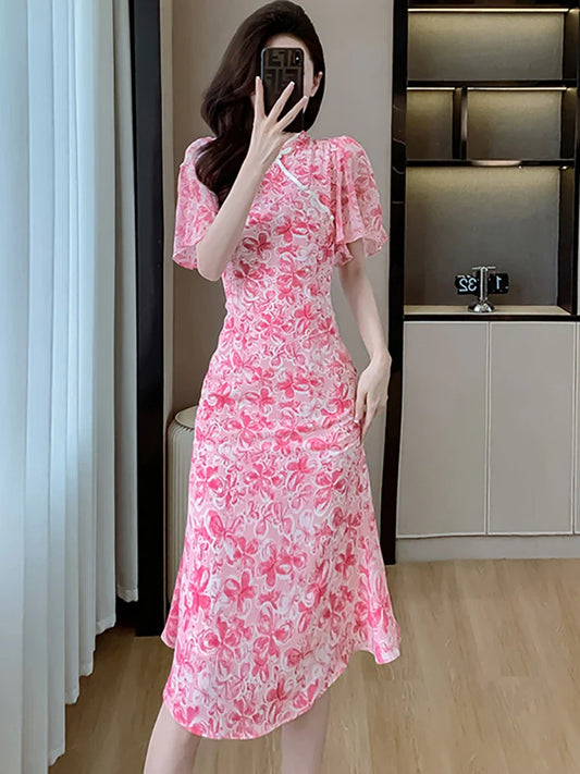 vmtvr 2024 Pink Floral Chic Casual Holiday Dress Summer Short Sleeve Bodycon Elegant Evening Dress Women Korean Fashion Party Vestidos