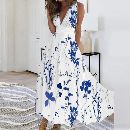 vmtvr - Elegant Pattern Print High Waist Party Dress Summer Deep V Neck Sleeveless Long Dress Female A-Line Big Hem Slim Evening Dresses