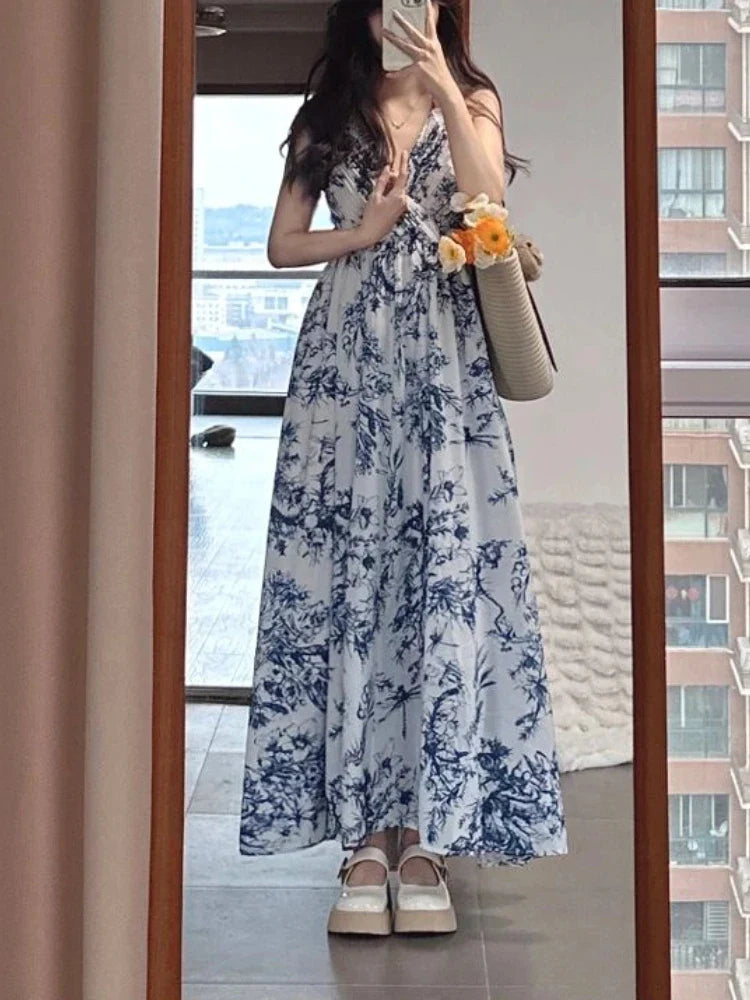 vmtvr Fashion New Women Floral Print Casual Dress Summer Spaghetti Strap A-Line Party Beach Maxi Robe Female Holiday Vestidos Clothes