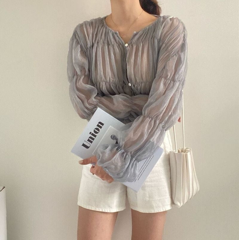 -Fall Outfits Long Sleeve Top Korean Fashion Pleated Casual Blouse Women Summer New Loose Folds Perspective Chiffon Shirt Long Sleeve Tops Blusas Mujer 15624