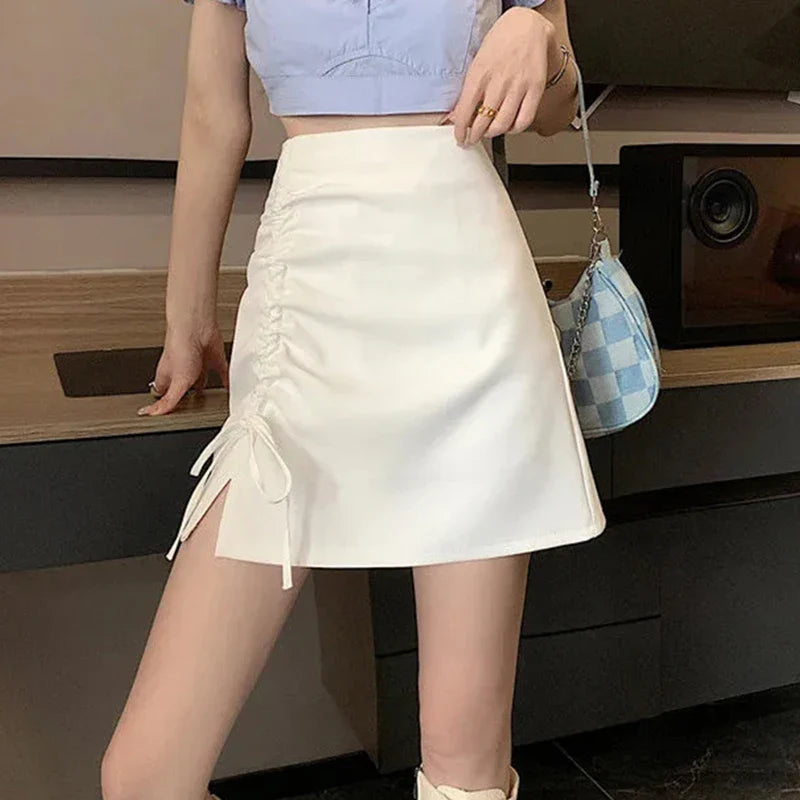 vmtvr Lace Up Women High Waist Skirts Summer Fashion Shirring Female Mini Skirts Y2K Casual Korean Slim Fit Split Skirts