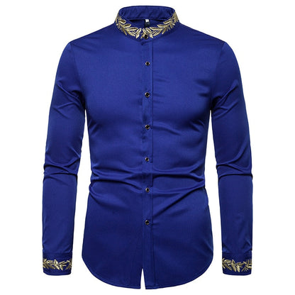 jiaabc Men Spring Autumn Shirt Social Henley Dress Shirt Fashion Long Sleeve Formal Embroidery Tops Clothing Casual camisa masculina