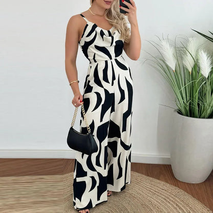 vmtvr Elegant Temperament Printed Long Pants Jumpsuit Women's Casual Pocket High Waist Romper New Summer Fashion V-Neck Slim Playsuits