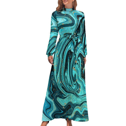 Marble Print Dress Watercolor Flow Abstract Aesthetic Bohemia Dresses Female Long Sleeve High Neck Sexy Long Maxi Dress