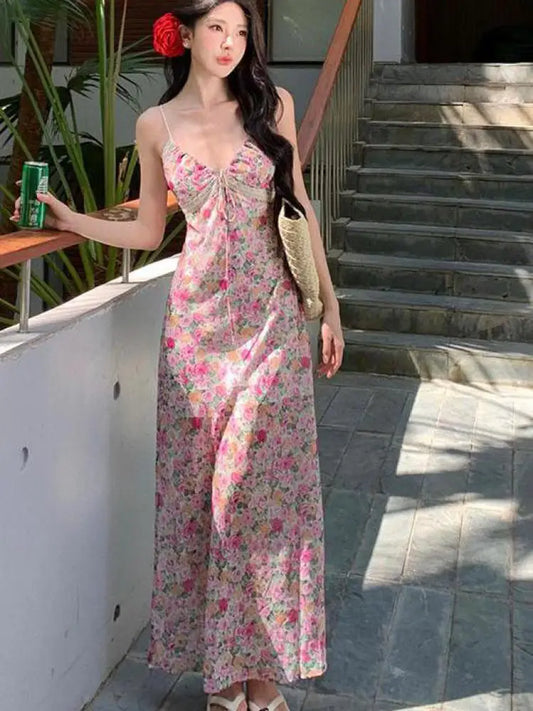 vmtvr French Women's Birthday Sexy Club Evening Party Pink Floral Printed Lace Slip Long Dress Summer Backless Bandage Pleated Dresses