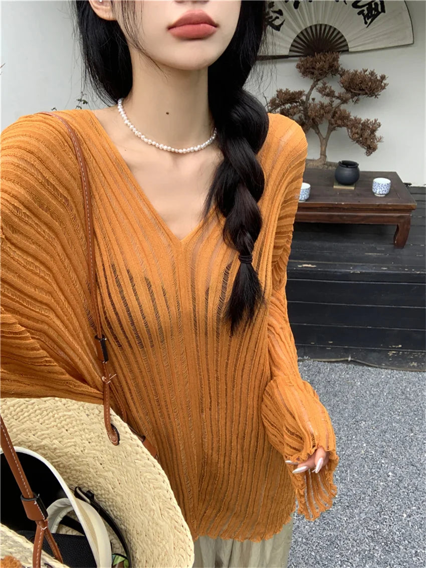 vmtvr Chic Thin Women Sweaters OL Knitted Sunscreen Loose V-Neck Casual Full Sleeve Summer Pullovers All Match