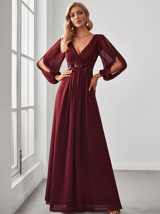 vmtvr - Elegant Evening Dresses Long Lantern Sleeves V-neck 2023 ever pretty of A-LINE Chiffon Burgundy flower beltbelt Prom Dress Women