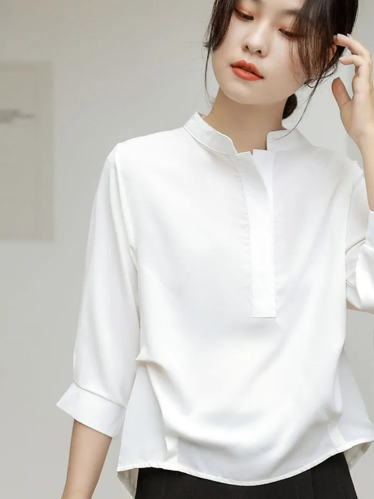 vmtvr White Women Chiffon Shirts Loose Half Sleeve Korean Office Ladies Summer Blouse Fashion Stand Collar Designed Female Tops