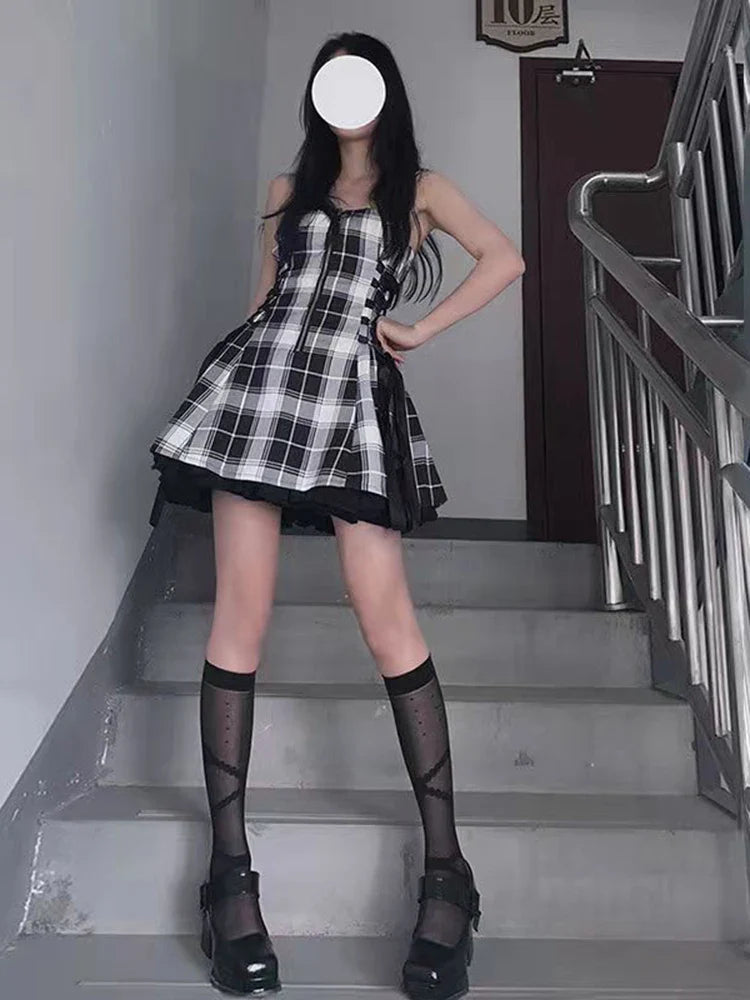 vmtvr  -  Kawaii Lolita Plaid Mini Dress Gothic E Girl Y2k Dresses Ulzzang Sweet Aesthetic Sets Sundress Fairy Grunge Cute Mall Dresses