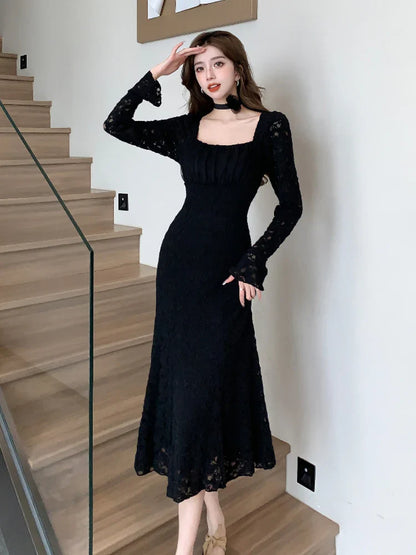 vmtvr Women Elegant Square Collar Camellia Mermaid Lace Dress Autumn Winter 2024 French Temperament Flare Sleeve Plush Warm Long Skirt