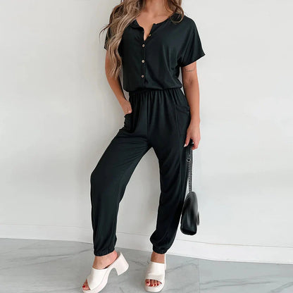 vmtvr New Spring Summer Short Sleeve T-shirt Jumpsuit Women V-neck Button Straight Playsuit Casual Pencil Pants Pocket Romper Overalls